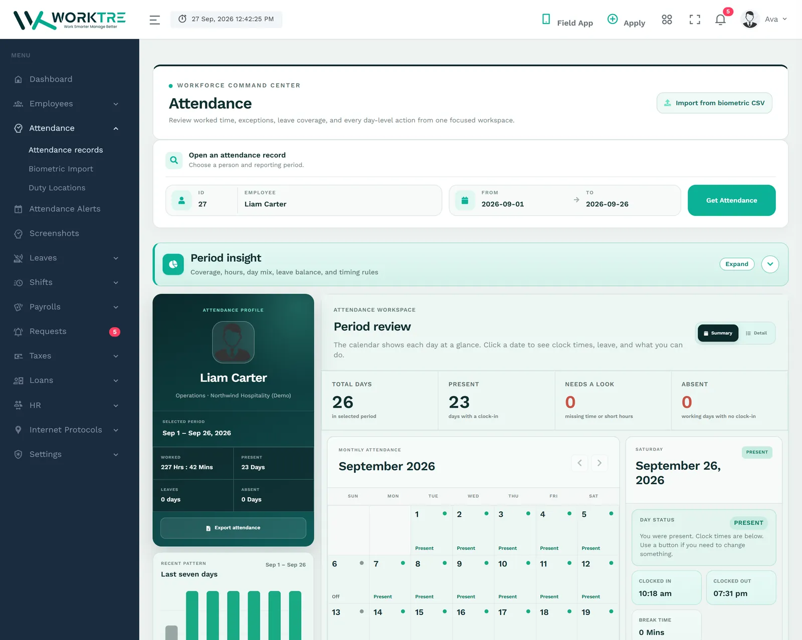 WorkTre attendance record for a demo employee: monthly calendar, days present, worked hours and clock-in and clock-out times