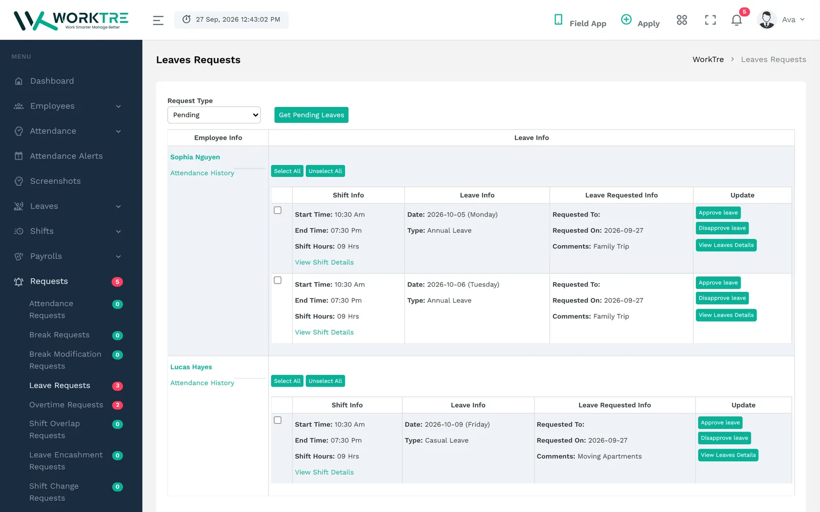 WorkTre leave requests queue with pending requests from demo employees and approve or disapprove actions